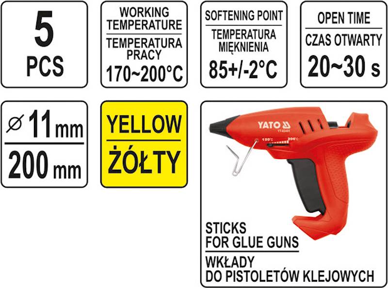 KLEJ DO PISTOLETU NA GORĄCO 5szt. 11x200mm ŻÓŁTY  YT-82437 YATO