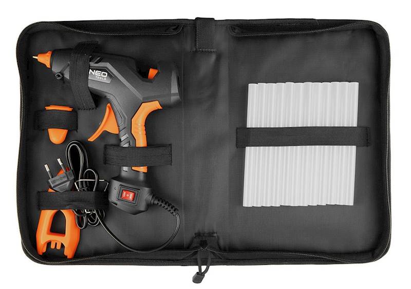 ZESTAW: PISTOLET KLEJOWY 11 MM, 60/100 W, 12 WKŁADÓW KLEJOWYCH, 3 OCHRANIACZE PALCÓW, ETUI MATERIAŁOWE 17-100 NEO