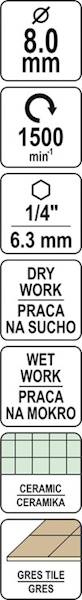 WIERTŁO DIAMENTOWE DO GRESU 8MM HEX DO PRACY NA SUCHO I MOKRO YT-60402 YATO