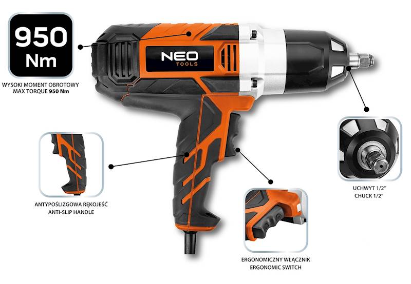 ELEKTRYCZNY KLUCZ UDAROWY 1/2" 1020W, 950Nm + 4 NASADKI  04-720 NEO TOOLS