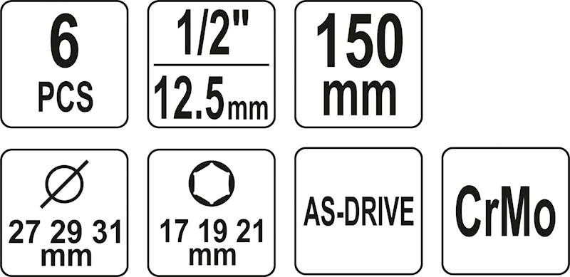 ZESTAW NASADEK DŁUGICH UDAROWYCH DO FELG ALUMINIOWYCH 150MM 1/2" 17, 19, 21MM YT-10563 YATO
