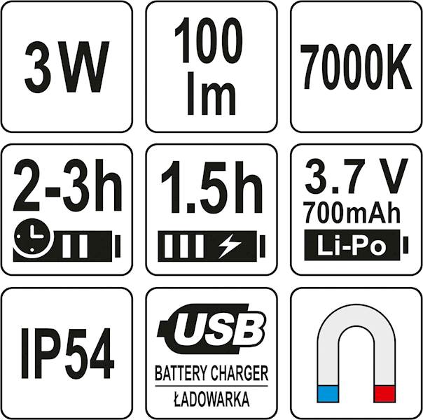 LATARKA, LAMPKA WIELOFUNKCYJNA 3W COB LED 100LM YT-08516 YATO