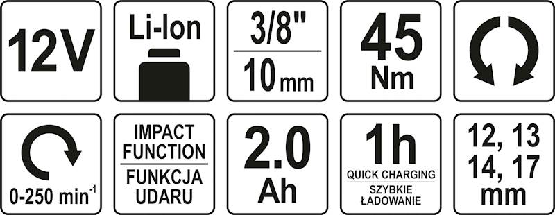 GRZECHOTKA UDAROWA AKUMULATOROWA 12V 3/8’’ 1/2’’ 45Nm YT-82902 YATO