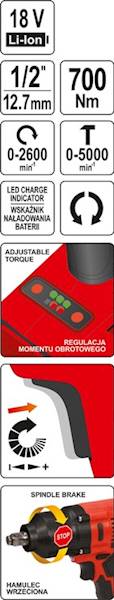 KLUCZ UDAROWY AKUMULATOROWA BEZSZCZOTKOWY 1/2" 700NM 18V (KORPUS) YT-828061 YATO