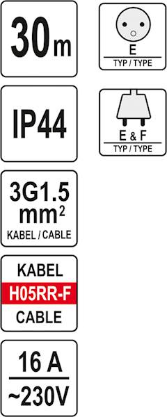PRZEDŁUŻACZ BĘBNOWY 30M 4 GNIAZDA 230V H05RR-F 3X1,5 MM²  YT-81053 YATO