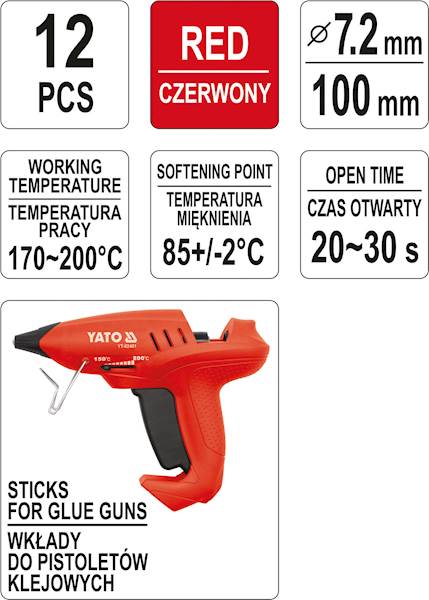 KLEJ DO PISTOLETU NA GORĄCO 12szt. 7,2x100MM CZERWONY YT-82442 YATO