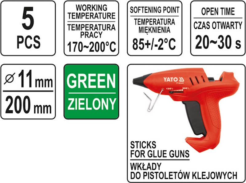 KLEJ DO PISTOLETU NA GORĄCO 5szt.11x200mm ZIELONY  YT-82435 YATO