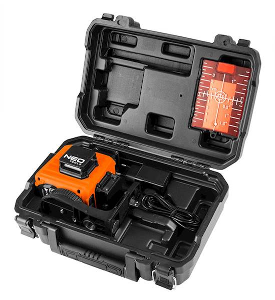LASER KRZYŻOWY, PŁASZCZYZNOWY CZERWONY 3D 360° 15M IP54 UCHWYT, WALIZKA NEO 75-104