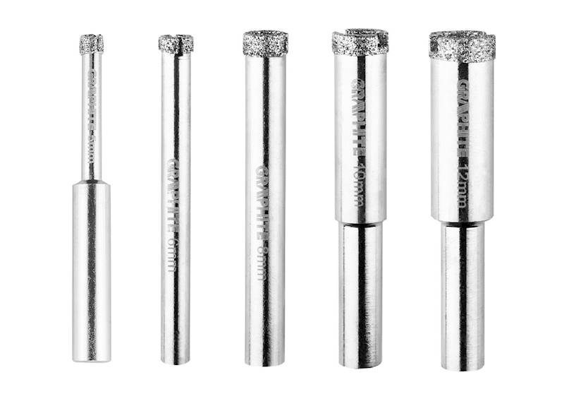 WIERTŁA DIAMENTOWE DO MARMURU, GRANITU, KAMIENIA, SZKŁA, PŁYTEK 5-12 MM Z PROWADNICĄ 6 SZT. 55H541 GRAPHITE