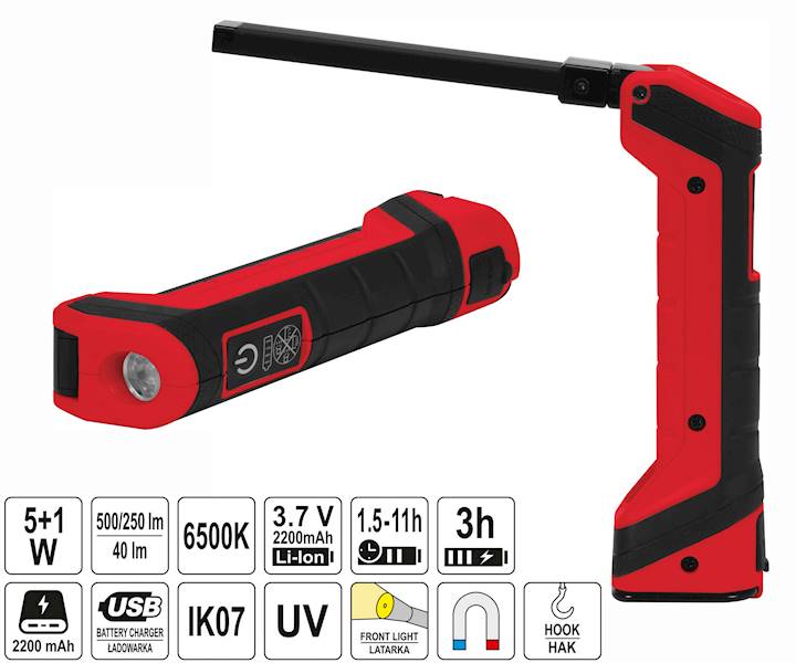 LAMPA WARSZTATOWA AKUMULATOROWA 5W COB, 500LM + 40LM, UV, POWERBANK YT-08517 YATO