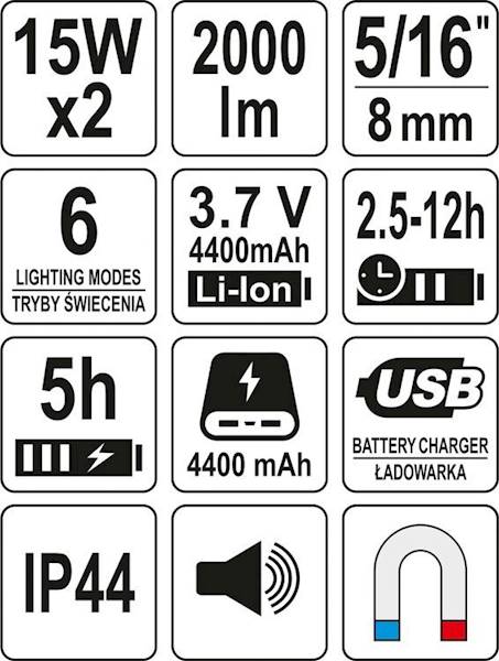 REFLEKTOR LAMPA IP44 COB LED POWERBANK, GŁOŚNIK BLUETOOTH YT-81808 YATO