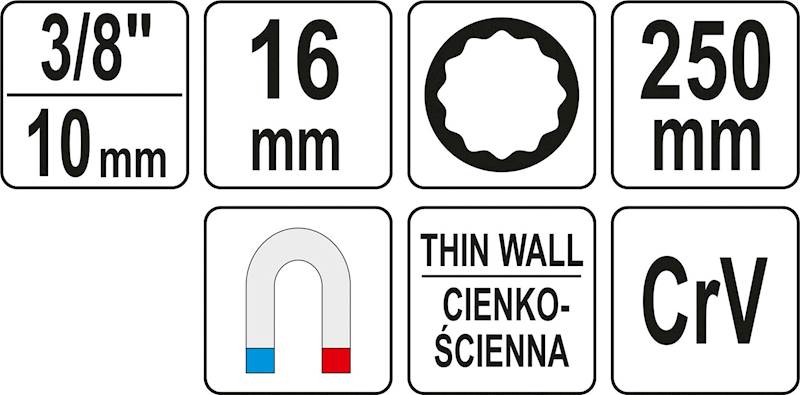 NASADKA DO ŚWIEC 16MM EXTRA DŁUGA 250MM 3/8" YT-38522 YATO