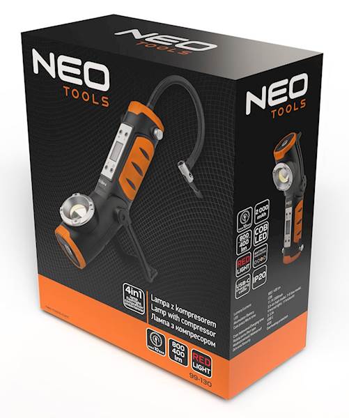 LAMPA, LATARKA AKUMULATOROWA 800LM Z KOMPRESOREM I MŁOTKIEM DO SZYB 99-130 NEO TOOLS