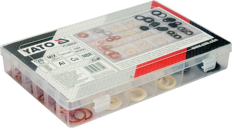 PODKŁADKI DO KORKÓW SPUSTOWYCH OLEJU ZESTAW AL, Cu, NBR, NYLON, WŁÓKNO, STAL NBR.120 SZT. YT-068641 YATO