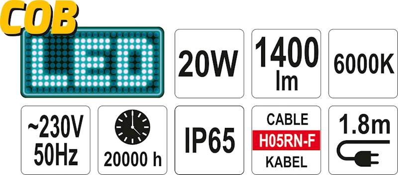 REFLEKTOR DIODOWY COB LED PRZENOŚNY 20W 1400LM YT-81799 YATO
