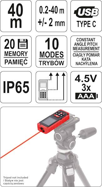 DALMIERZ LASEROWY 0,2-40,0M IP65 FUNKCJA POMIARU CIĄGŁEGO,OBLICZANIA YT-73126 YATO