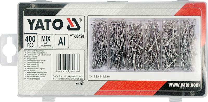 ZESTAW ALUMINIOWYCH NITÓW ZRYWALNYCH MIX 400SZT. YT-36420 YATO