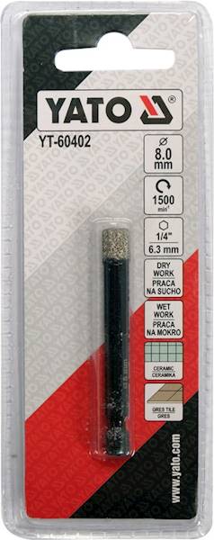 WIERTŁO DIAMENTOWE DO GRESU 8MM HEX DO PRACY NA SUCHO I MOKRO YT-60402 YATO