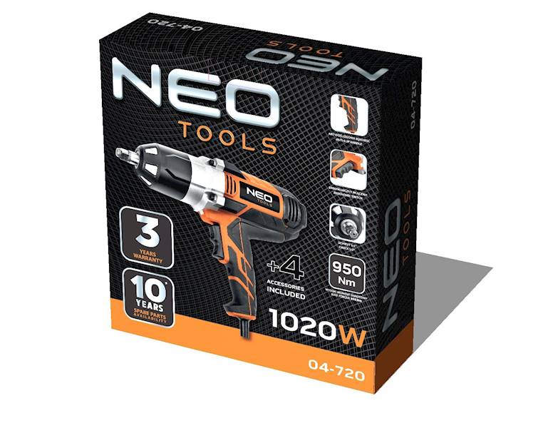 ELEKTRYCZNY KLUCZ UDAROWY 1/2" 1020W, 950Nm + 4 NASADKI  04-720 NEO TOOLS