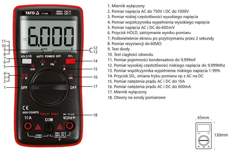 MIERNIK CYFROWY TRUE RMS Z AUTOMATYCZNYM ZAKRESEM LCD 6000  YT-73096 YATO