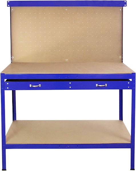 STÓŁ WARSZTATOWY Z BLATEM ROBOCZYM, TABLICĄ NA NARZĘDZIA I SZUFLADĄ 1200X600X12MM KD640