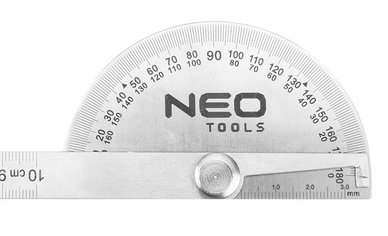 KĄTOMIERZ Z LINIJKĄ 0–180°NASTAWNY UNIWERSALNY TARCZOWY 0-100 MM 72-320 NEO