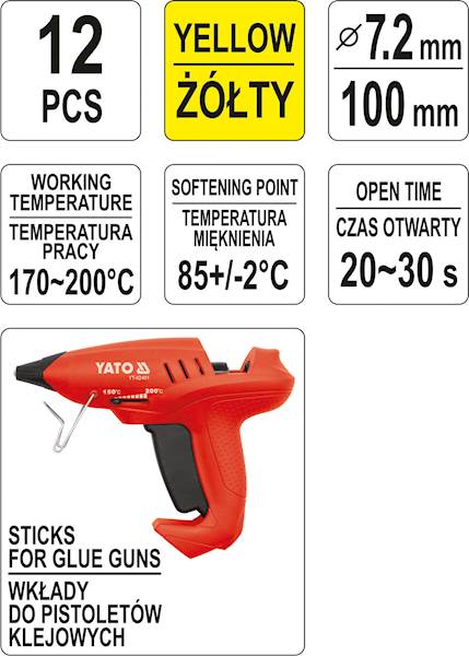 KLEJ DO PISTOLETU NA GORĄCO 12szt. 7,2x100MM ŻÓŁTY YT-82445 YATO