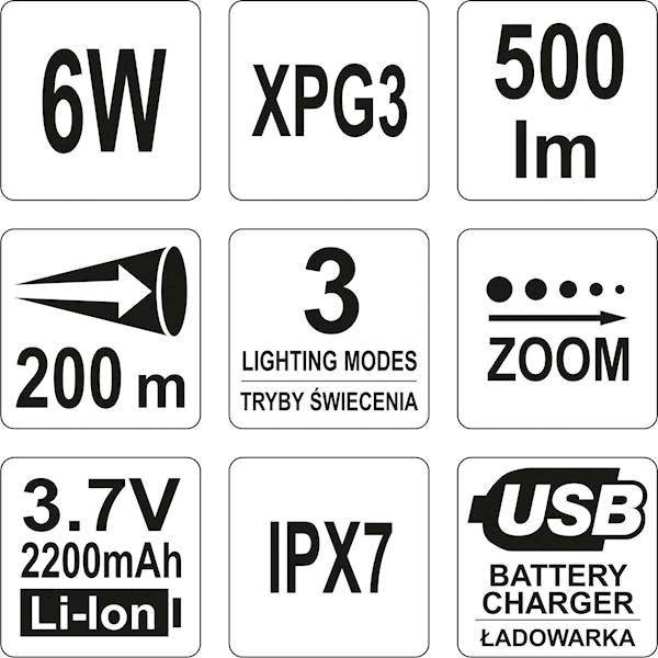 LATARKA XP-G3 CREE 6W AKUMULATOROWA 500 lm YT-08568 YATO