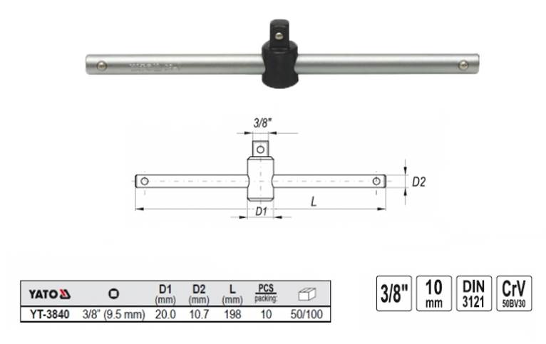 POKRĘTŁO TYP T DO NASADEK 3/8'' 198mm YT-3840 YATO