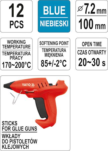 KLEJ DO PISTOLETU NA GORĄCO 12szt. 7,2x100mm NIEBIESKI YT-82443 YATO
