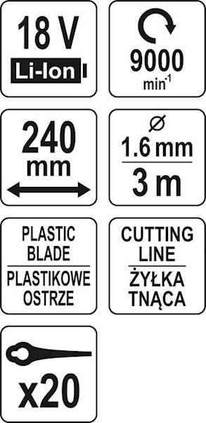 PODKASZARKA KOSA AKUMULATOROWA BODY 18V 2w1 GŁOWICA Z NOŻYKAMI I ŻYŁKĄ YT-85015 YATO
