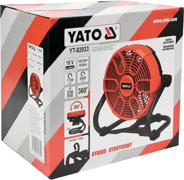 WENTYLATOR WIATRAK HYBRYDOWY BODY NA AKUMULATOR 18V i ZASILACZ 240V YT-82933 YATO