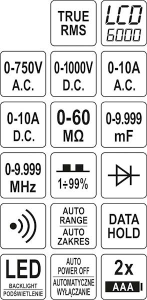 MIERNIK CYFROWY TRUE RMS Z AUTOMATYCZNYM ZAKRESEM LCD 6000  YT-73096 YATO