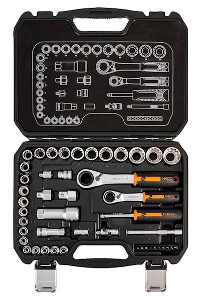 ZESTAW NARZĘDZIOWY KLUCZY NASADOWYCH PRZELOTOWYCH  1/4'',3/8" 46EL. CrV 10-019 NEO TOOLS