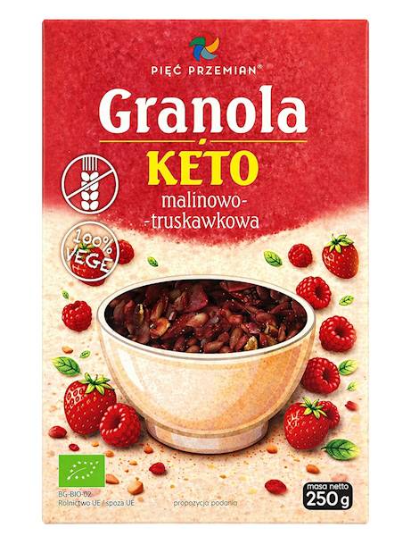 PIĘĆ PRZEMIAN Granola KETO malinowo-truskawkowa bg