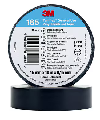 3M Temflex 165 Winylowa taśma, czarna, 15mm x 10m