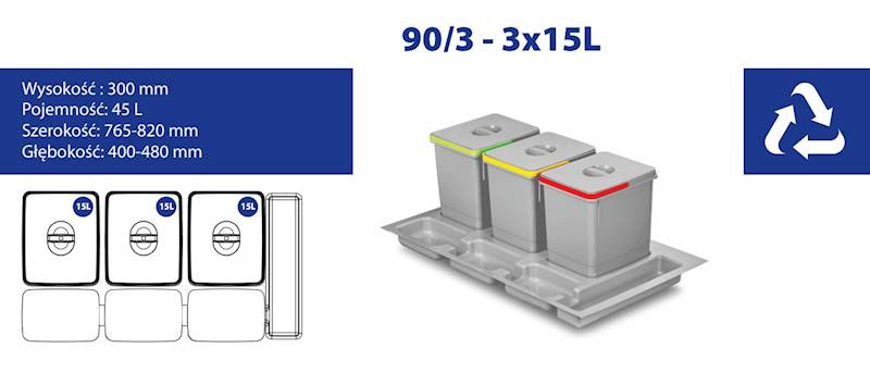 KOSZ  SEGREGACJA  *IQL*  90 - 3 wiadra, SZARY