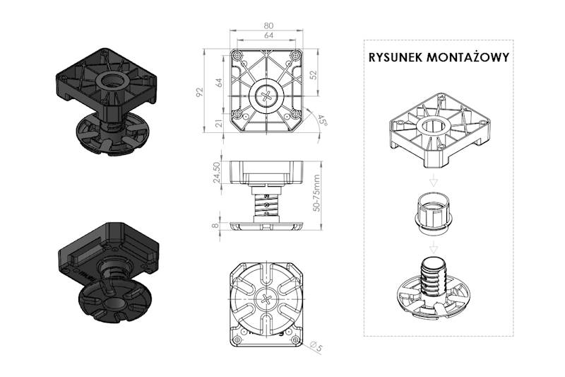 Nóżka Multi H=45-70 CZARNA MOCNA
