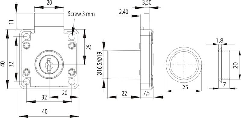 Zamek X850 fi19x22mm z jednym numerem klucza D20