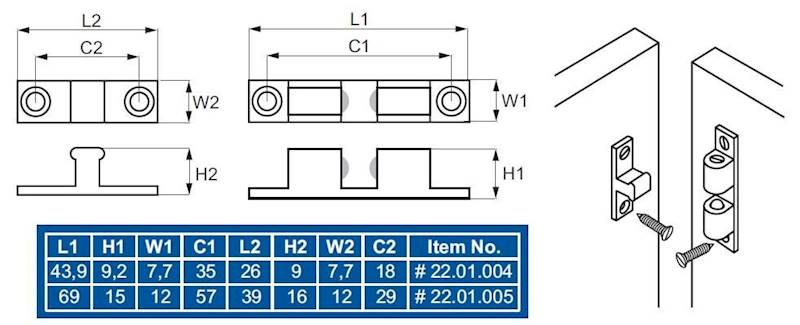 Zatrzask kulkowy podwójny z mosiądzu 43x8mm mosiąd