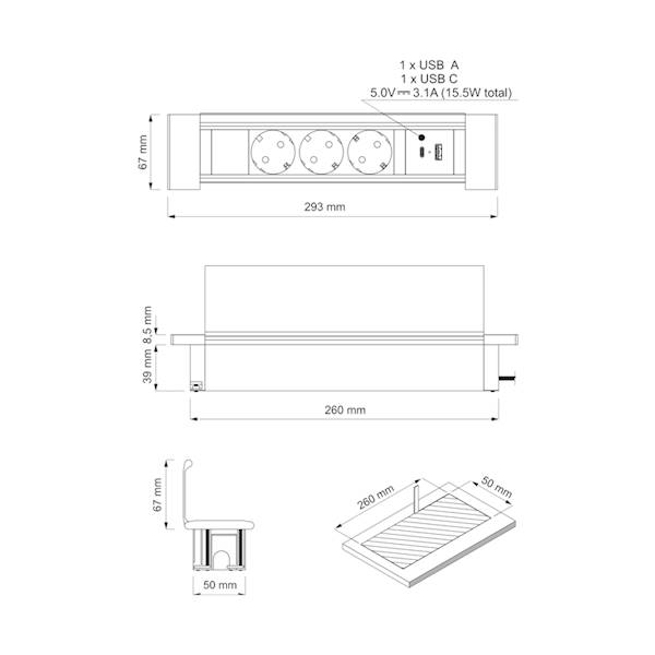 Gniazdo wpuszczane FLAT BOX CZARNE + USB