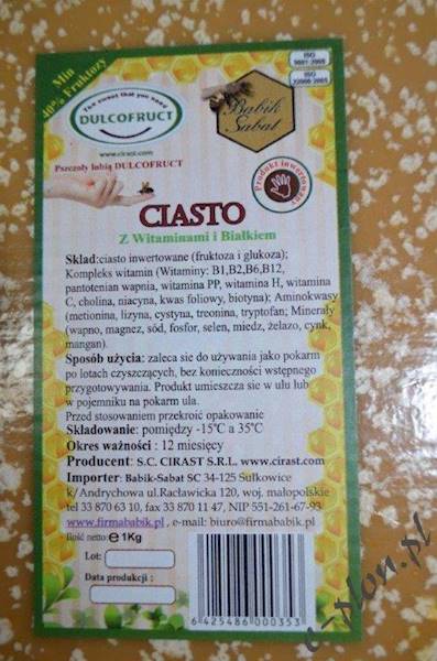 Pasza dla pszczół  - ciasto + witaminy i białko