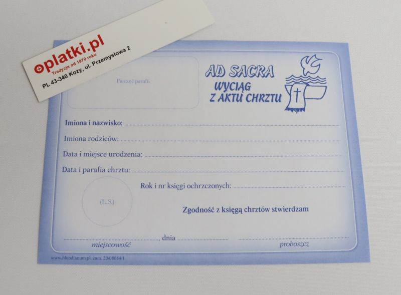 Ad sacra wyciąg z aktu chrztu 20/08084/1 op.(50) 