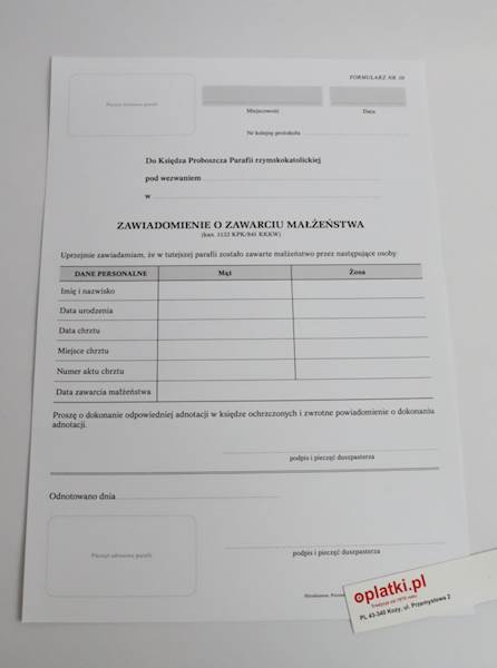 Zawiadomienie o zawarciu małżeństwa 20/250 op.25