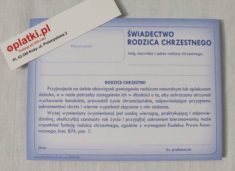 05 Świadectwo Rodzica Chrzestnego 20140/1 op50
