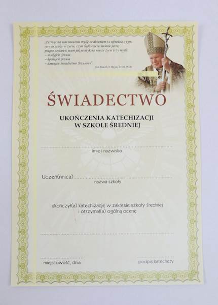 Świadectwo Ukończenia Katechizacji Szkole Średniej