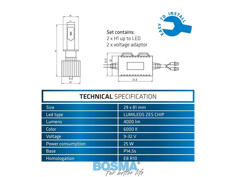Ż.12/24V LED H1- 6000K 4000lm KPL 6063 BOSMA
