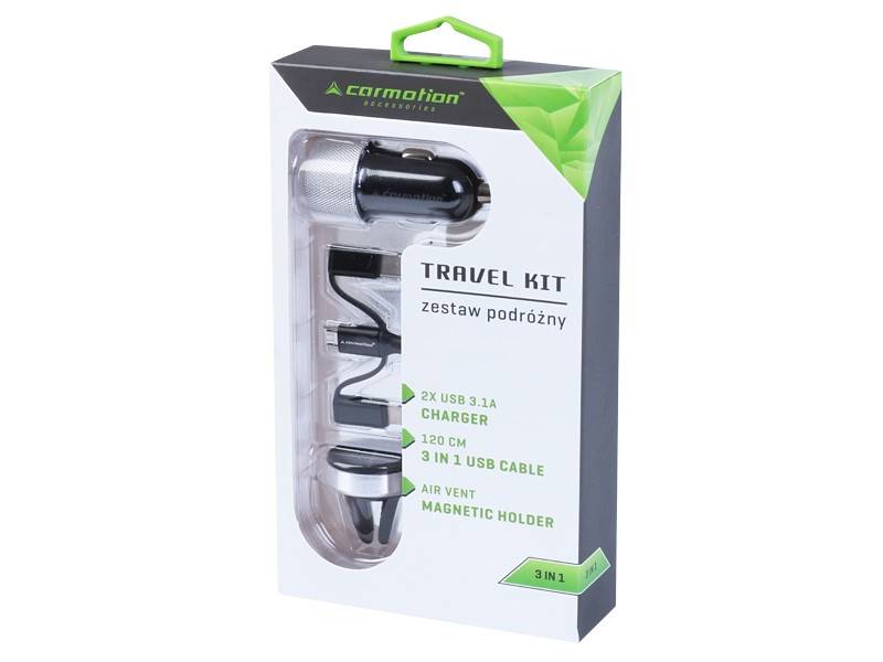 ZESTAW PODRÓŻNY:ładow.2xUSB3.1A+kabel3w1+uch.mag