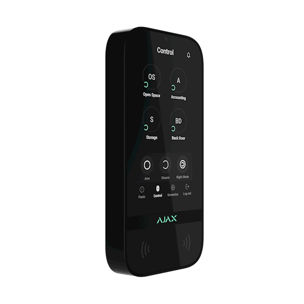 AJAX Keypad Touchscreen (Bezprzewodowa klawiatura z ekranem dotykowym, obsługująca szyfrowane karty zbliżeniowe i breloki) - czarny