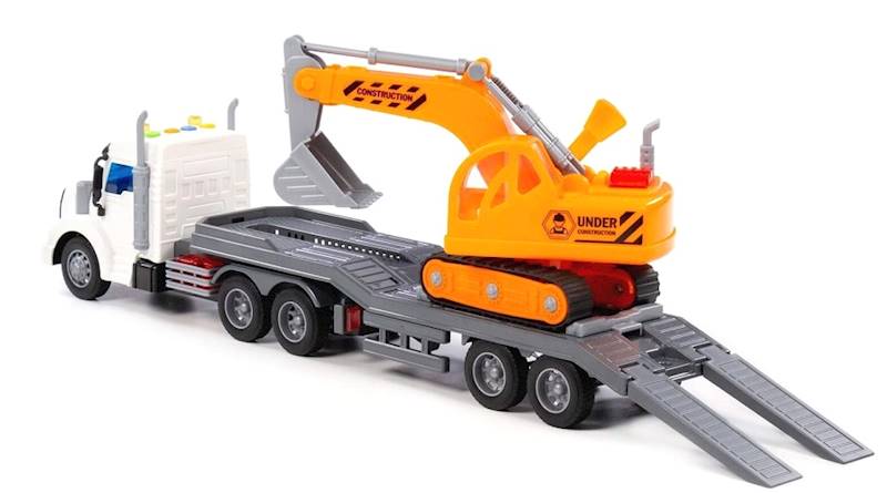 84016 Ciężarówka z koparką – zestaw pojazdów budowlanych laweta tir zabawka